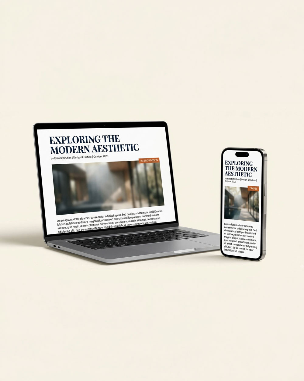 A client article published online, shown on a laptop and phone